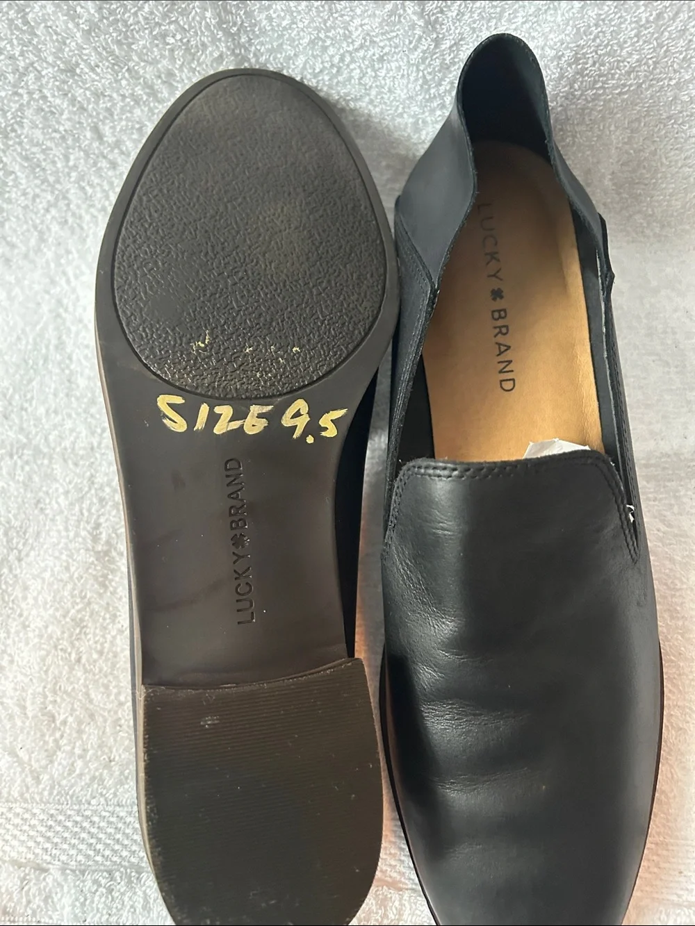 Lucky Brand Black Leather Slip-On Loafers with Brown Stacked Heel